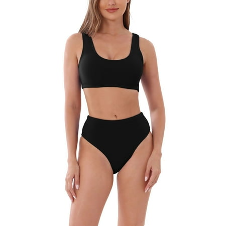 SWSMCLT Women s Scoop Neck Bathing Suit Stretch Modern Bikini Set Bikini Tank Holiday Low Back Sleeveless Black 16