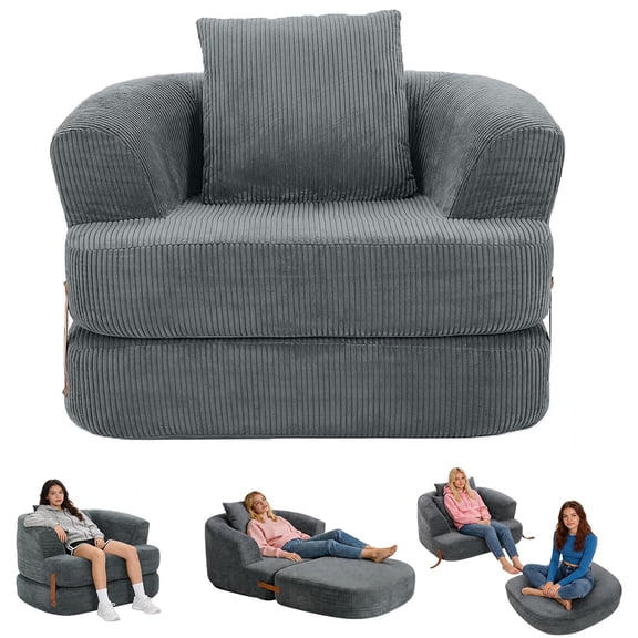 Memoryfield 3-in-1 Folding Sofa Bed, Memory Foam Sleeper Chair with Washable Cover, Convertible Boneless Floor Futon, Fold-Out Couch with Back Support for Living Room, Bedroom, Gray