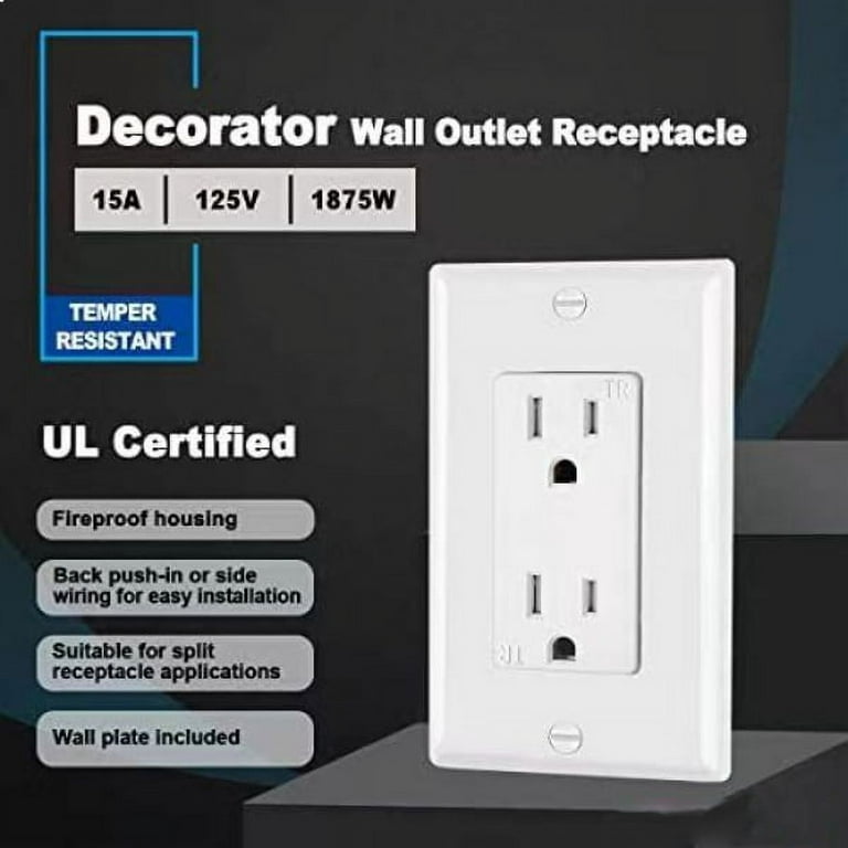 15 Amp Decorator Wall Outlet, 15A/125V, UL Listed, Tamper Resistant, 2 Pole  3 Wire,3 Prong Socket, Easy Install, Electrical Outlets, White 20 Packs