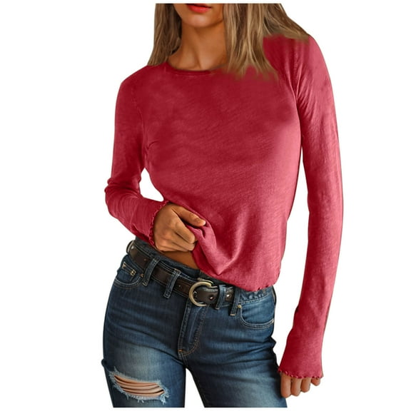 Kaemgyyd Shirt for Women Long Sleeve Crew Neck Basic Tee Casual Loose Solid Color Tops Soft Trendy Fall Clothes