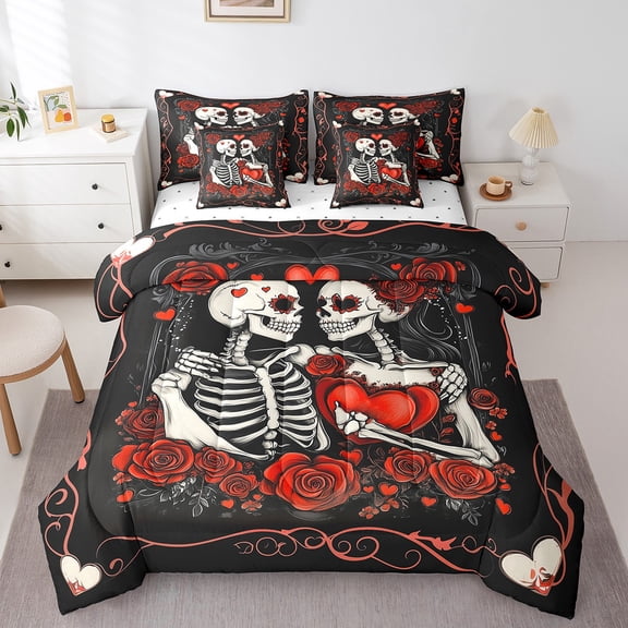Manfei Boys Girls Gothic Skeleton Couple Twin Bedding Sets 7-Piece,Chic Vintage Floral Rose Bedding Comforter Set Microfiber,Happy Valentine'S Day Breathable Sheet Sets,Luxury Bedroom Decor