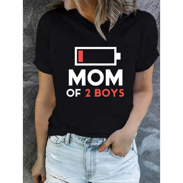 Camiseta gráfica "Mamá de 2 niños" - Camiseta informal de manga corta y cuello redondo para mujer, algodón elástico, lavable a máquina, opaca, perfecta para verano y primavera.