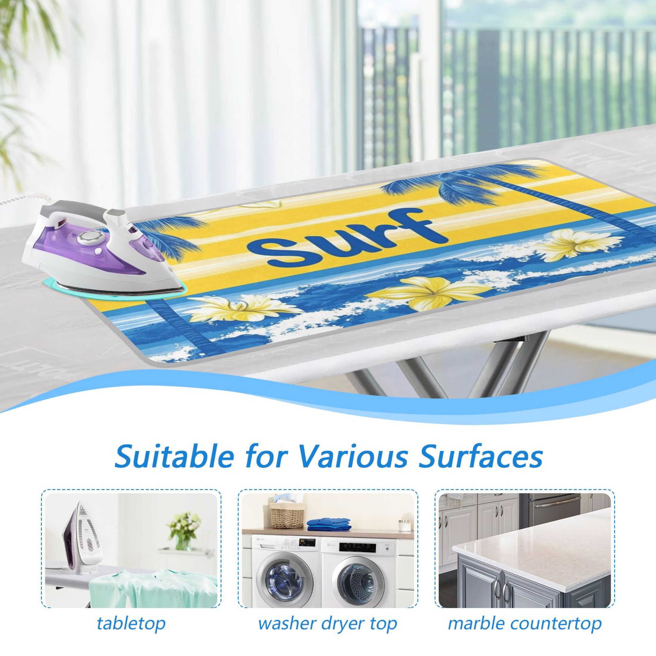 Ocean Wave Tropical Flowers Coconut Trees Ironing Mat Blanket Portable Travel Ironing Pad Heat Resistant Pad 47.2" x 27.6”