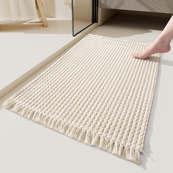 Soft Microfiber Bath Mat for Bathroom Floor,Washable Non Slip Boho Woven Mats with Tassels,Super Absorbent Tufted Braided Runner Rug Bedroom,Bedside,Porch Home Decor 20" x 32" Beige