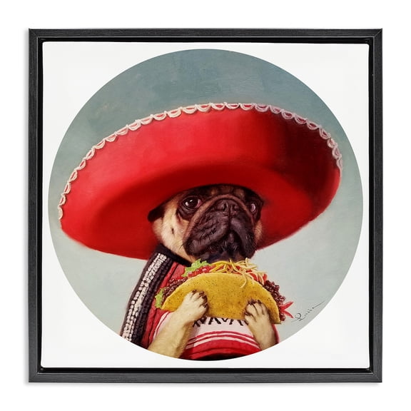Stupell Industries Pug in Sombrero with Taco Animals & Insects Painting Black Floater Framed Canvas Art Print Wall Art, 18 x 18