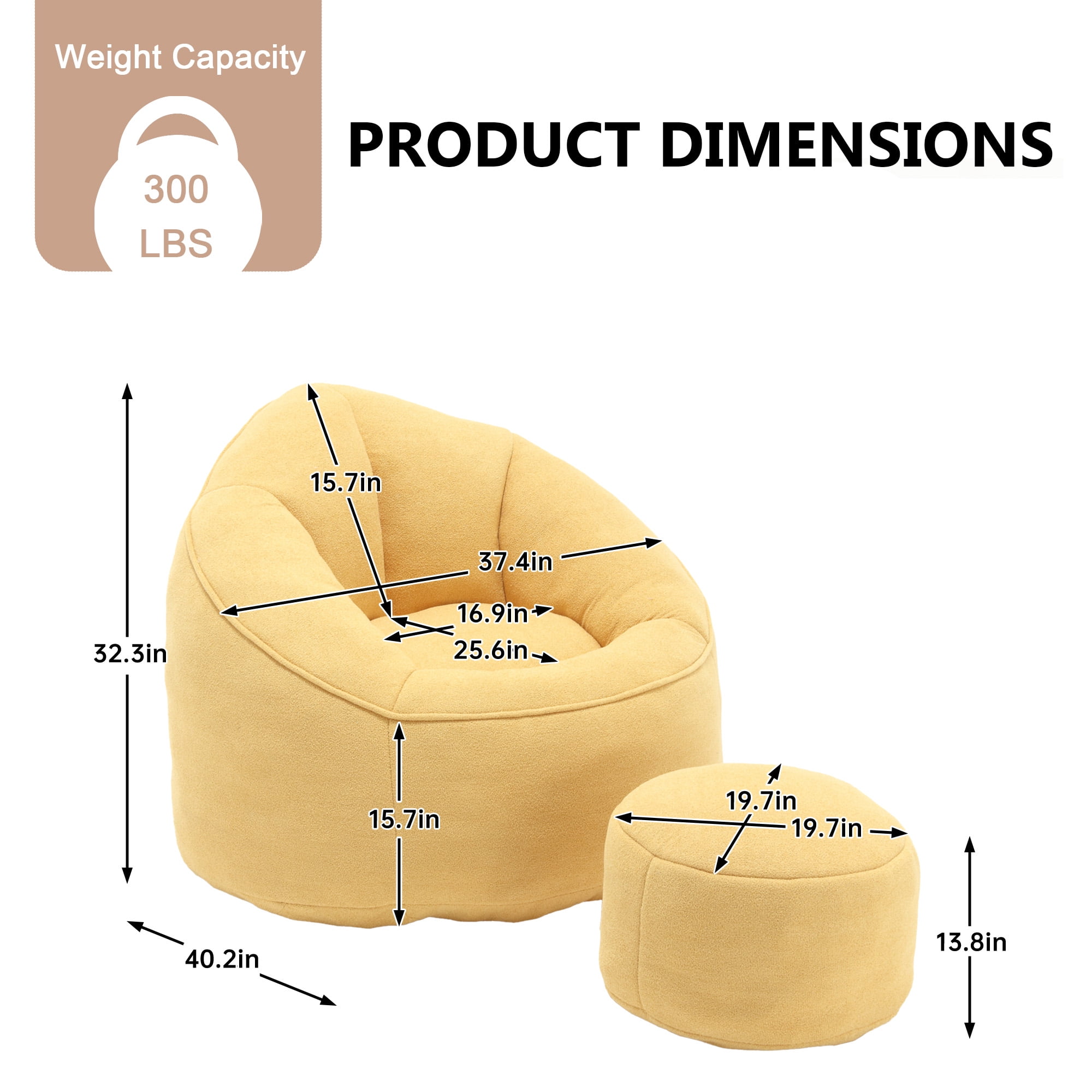 MOONMISS Microfiber Upholstered High Pressure Foam Round Lazy Bean Bag Sofa Chair with Ottoman-Yellow