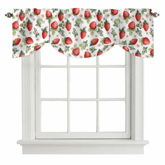 Tie Up Valances for Windows, Red Strawberry Adjustable Valance Curtains Window Treatment for Living Room, Summer Fruits Farmhouse Leaves Floral Rustic Rod Pocket Kitchen Curtains & Drapes 42x18 Inch