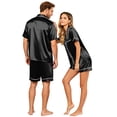 thumbnail image 6 of VV AVEORS Satin Matching Pajamas Sets Couple Silk Button Down Nightwear Women & Men Short Sleeve Sleepwear 2 Pieces Loungewears Black M, 6 of 8