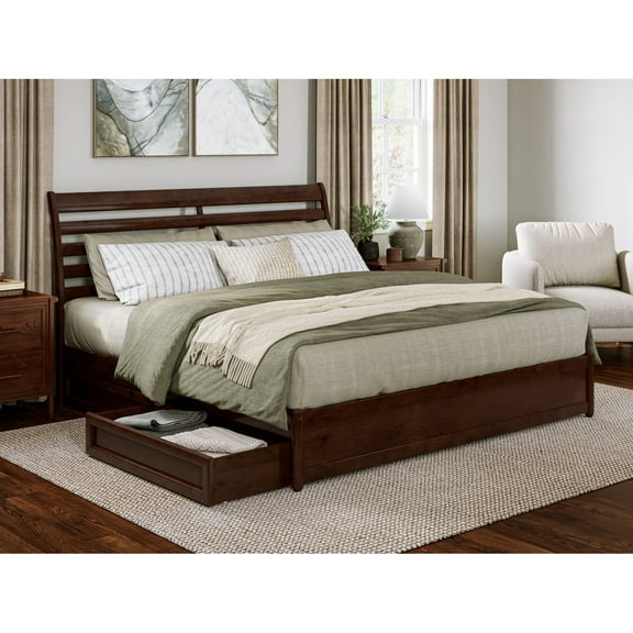 Emelie King Wood Platform Bed with Panel Footboard and Storage Drawers in Walnut
