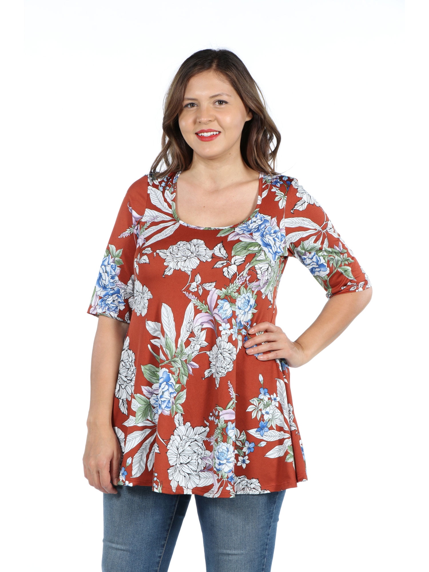 24/7 Comfort Apparel - Women's Plus Size Navy Print Elbow Sleeve Plus 