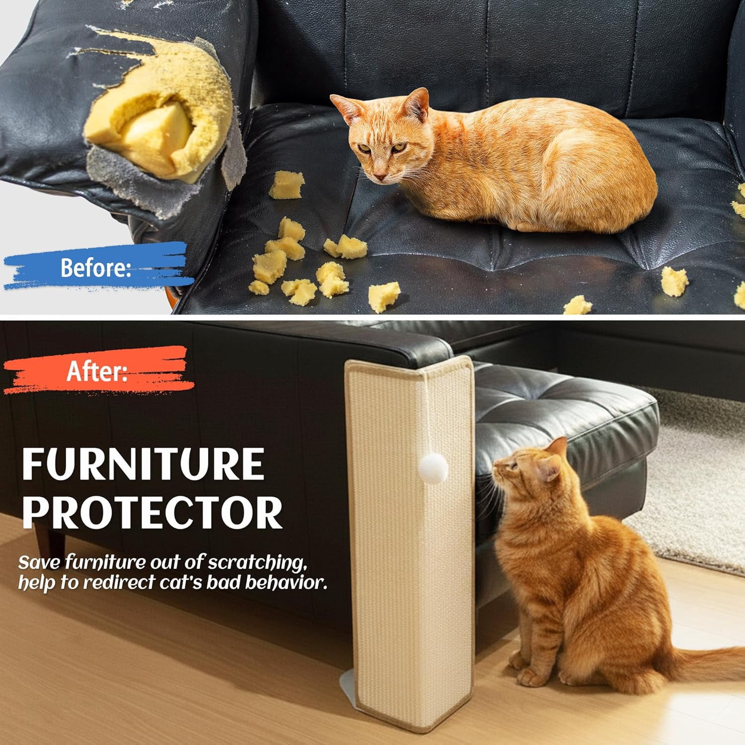 Under-Furniture  Scratcher, 23.6'' Sisal Scratching Post for Couch Corner, Furniture Protector Scratch Pad for Sofa with Toy Ball