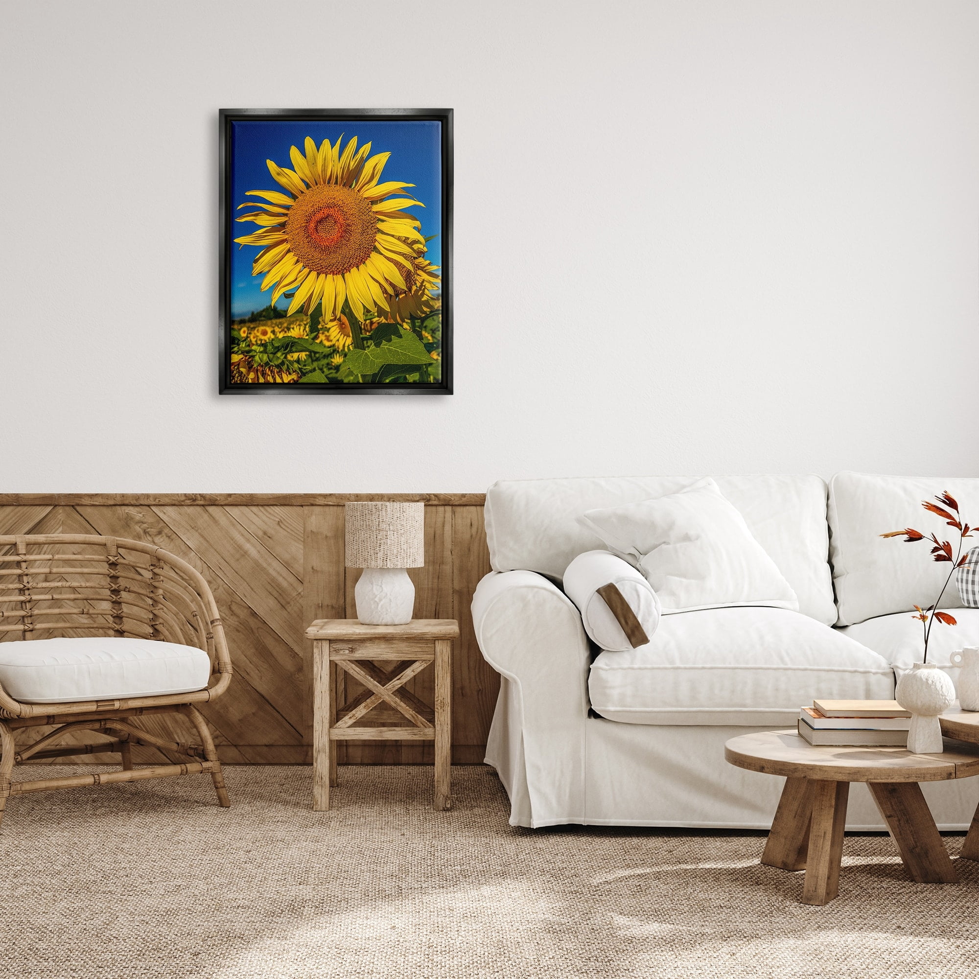 Stupell Industries Summery Sunflower Plant Blooming Summertime Clear Sky Photograph Jet Black Floating Framed Canvas Print Wall Art, Design by Steve Smith