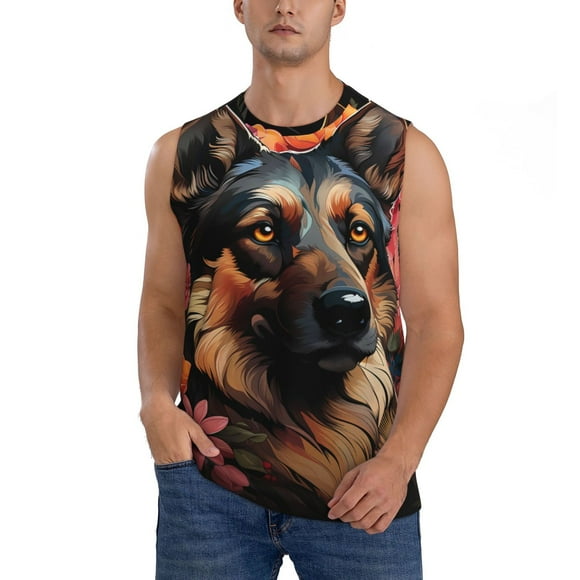 Saiise Débardeur pour Homme à Imprimé de Fleur Colorée et de Berger Allemand : T-Shirt Sans Manches Élégant pour Sports Décontractés et Occasions à la Plage-3X-Grand