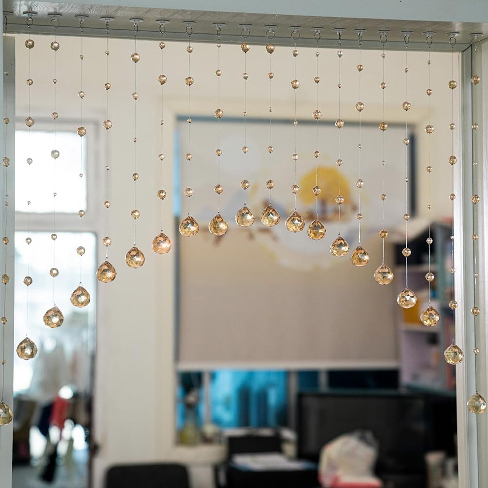 20 Strings Crystal Beaded Curtain  Arched Door String Hanging Doorway Room Divider Suitable For Home Coffee House Bedroom Restaurant. (chamgagne)
