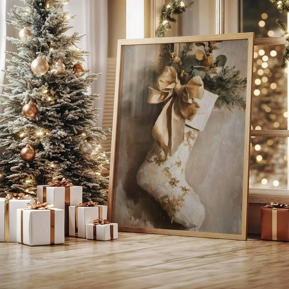 Christmas Stocking Painting, Rustic Christmas PRINT Wall Art, Vintage Style Christmas Golden Decor, Festive Victorian Stocking Art, 12x18 UNFRAMED