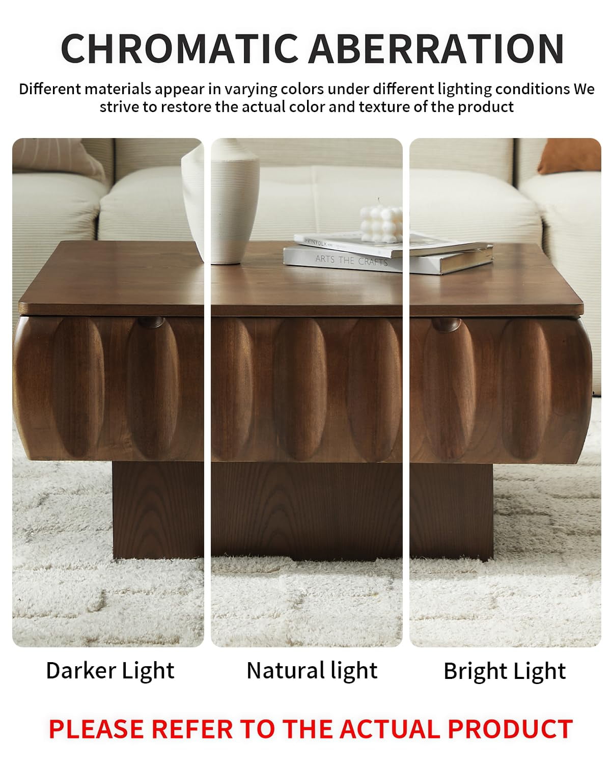 Lift Top Coffee Table with Hidden Storage, 31 inch Solid Wood Fluted Design for Small Space Living Room, Walnut