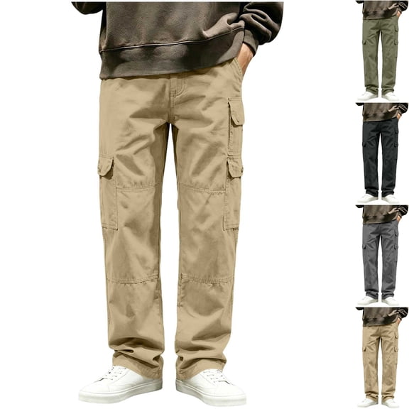 Big & Tall Men's Cargo Pants Loose Fit Multi-Pocket Straight Leg Utility Pants with Flap Pockets Lightweight Casual Work Outdoor Hiking, Khaki, XL