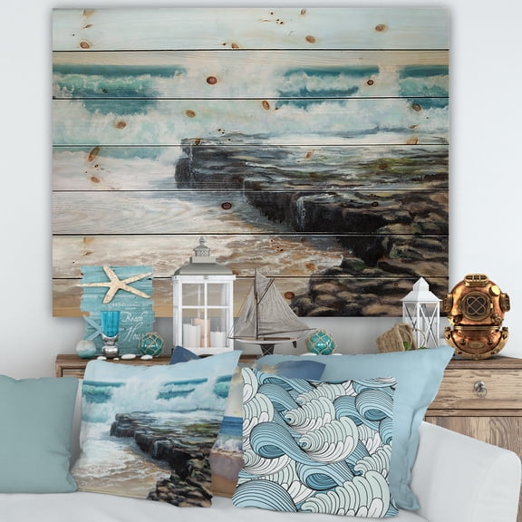 Designart 'Wild Ocean Waves Breaking On The Shore' Nautical & Coastal Print on Natural Pine Wood