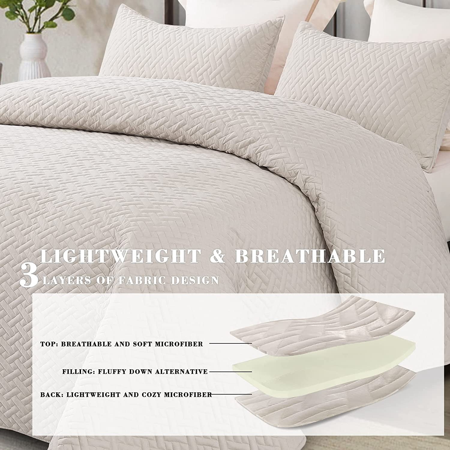 Exclusivo Mezcla 3-Piece King Size Quilt Set with 2 Pillow Shams, Basket Quilted Bedspread/Coverlet/Bed Cover(96"x 104", Brich Beige) -Soft, Lightweight and Reversible