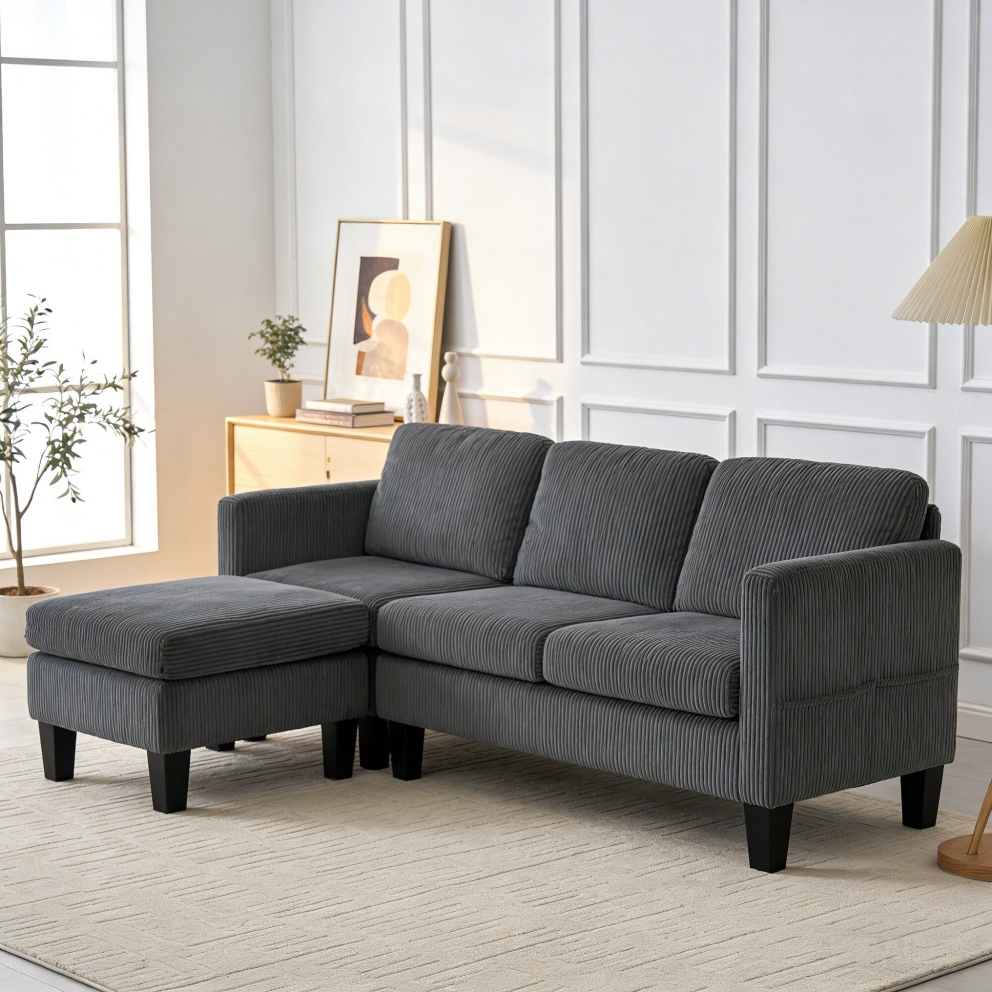 AENKYO 67" L-Shaped Corduroy Sectional Sofa with Storage Ottoman, Modern 3-Seat Couch w/ Side Pockets, Gray