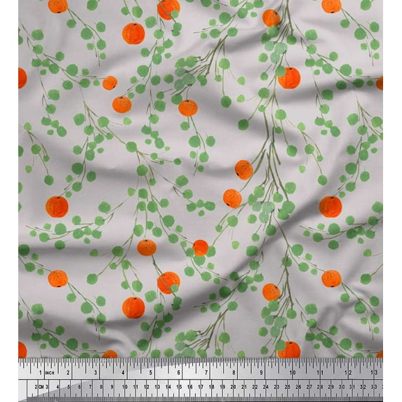 Soimoi Grey Cotton Duck Fabric Leaves & Orange Fruits Print Sewing Fabric Yard 42 Inch Wide