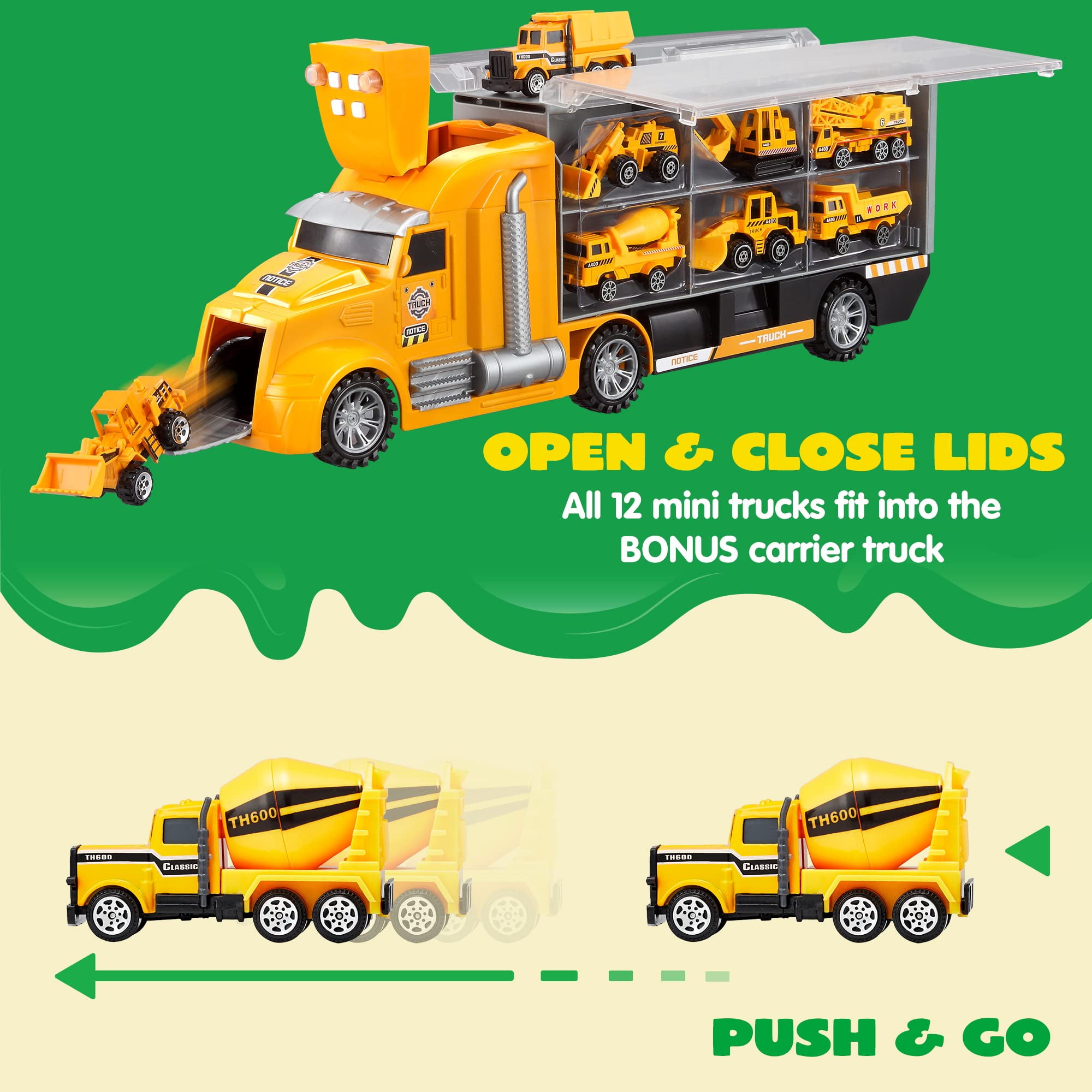 Joyfy 25 in 1 Die-cast Construction Big Truck Toys,Car Transporter Storage Truck with Sounds and Lights, Great Christmas Birthday Gifts for Toddlers Kids Boys & Girls