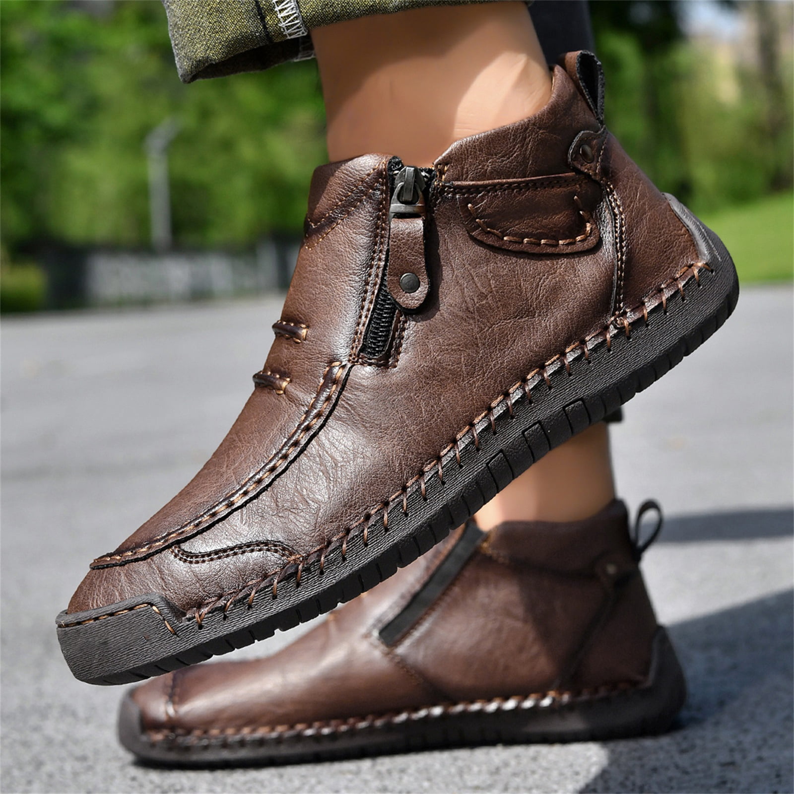 HTHLVMD Side Zipper Boots for Men, Men’S Slip-On Orthopedic Leather Boots,Men’S Handmade Premium Leather Slip-On Driving Boots,Men Side Zipper Orthopedic Shoes for Driving Hiking, Brown 6