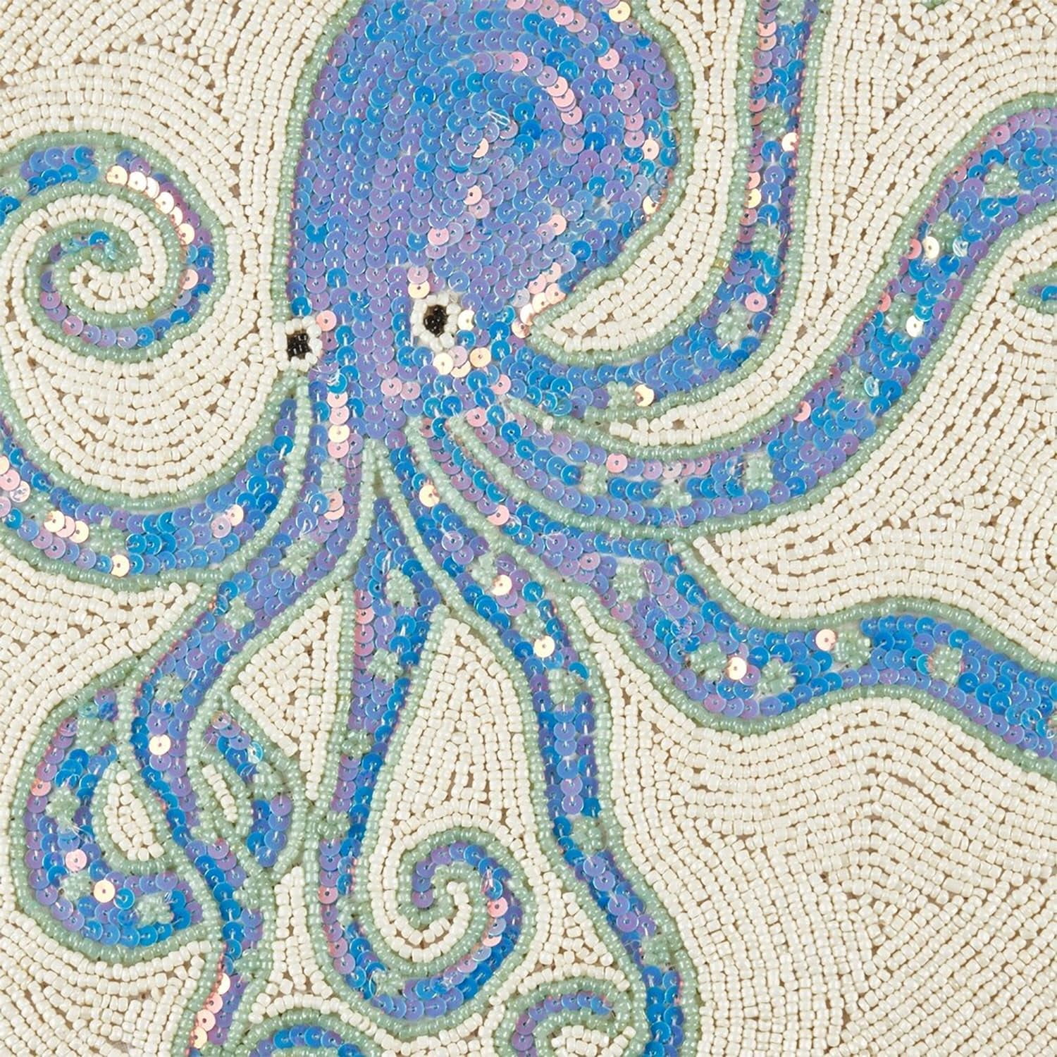 Fennco Styles Beaded Nautical Octopus Placemat 15" Round, 1-Piece - Aqua Handmade Coastal Table Mat for Home Décor, Family Gatherings, Birthdays and Special Events