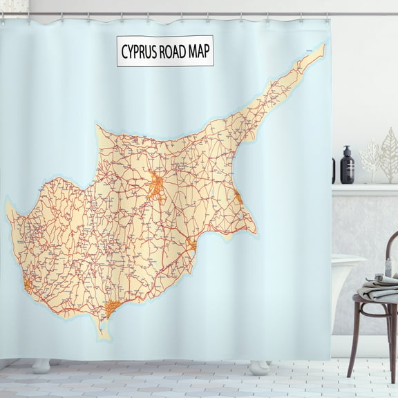 Cyprus Shower Curtain, Detailed Road Map of Mediterranean Island Country with Settlement Names, Fabric Bathroom Set with Hooks, 69W X 75L Inches Long, Baby Blue and Champagne, by Ambesonne