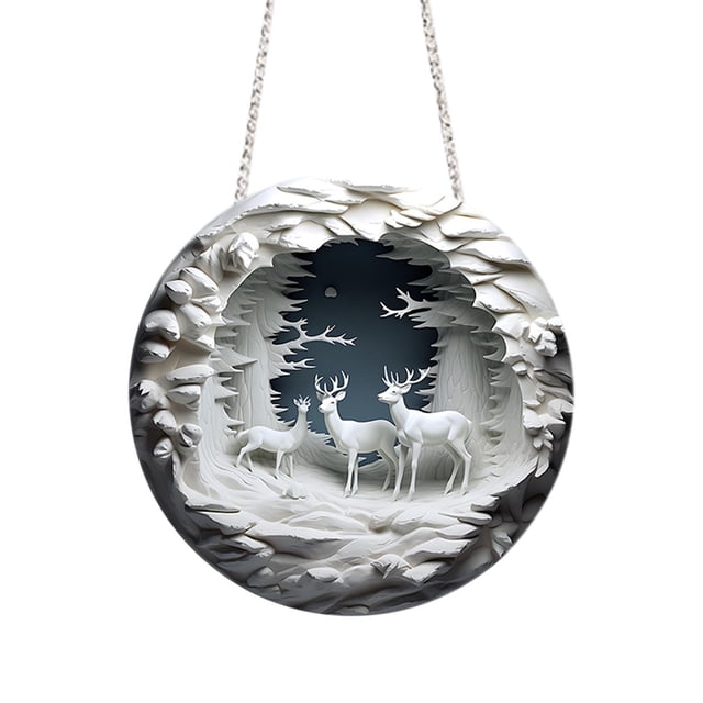 A Round Acrylic Reindeer Hanging Sign For Christmas Decorations - Double-Sided Printed Design - Size 7.87 Inches - Includes Hook And Chain - Perfect For Wall Decor In Home Office - Weight