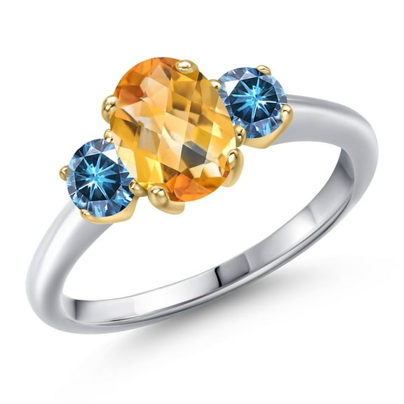 Gem Stone King 10K Two Tone Gold Yellow Citrine and Persian Blue Moissanite Engagement Ring for Women | 1.71 Cttw | Oval Checkerboard 8X6MM | Gemstone November Birthstone | Size 9