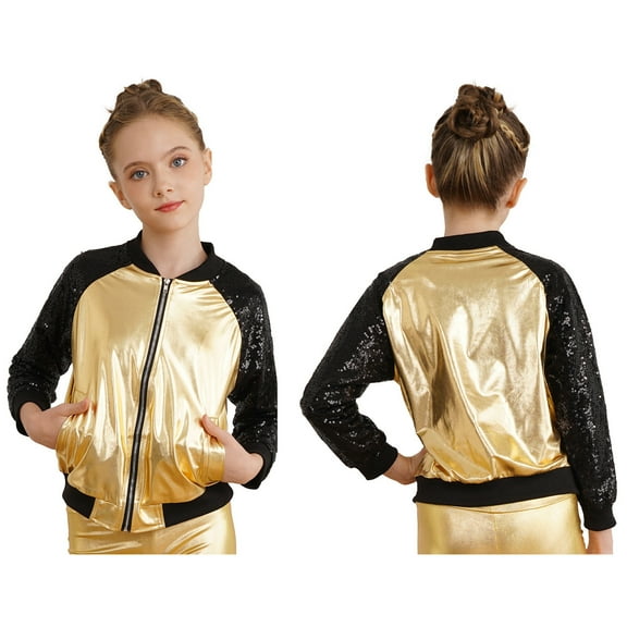 iiniim Kids Girls Boys Metallic Bomber Moto Jacket Coat Hip Hop Jazz Modern Dance Top Disco Party Costume Size 6-16 Gold 8