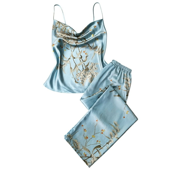 Gpaecead Women's Silk Pajama Sets Lace Camisole Shorts Set Satin Camisole Set Lounge Set Sleepwear M Blue