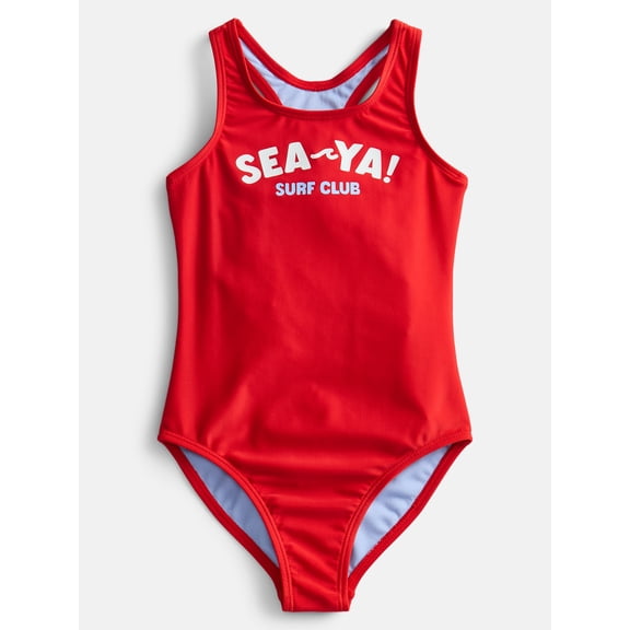 Wonder Nation Girls Racerback Print One-Piece with Keyhole Back, Sizes 4-18