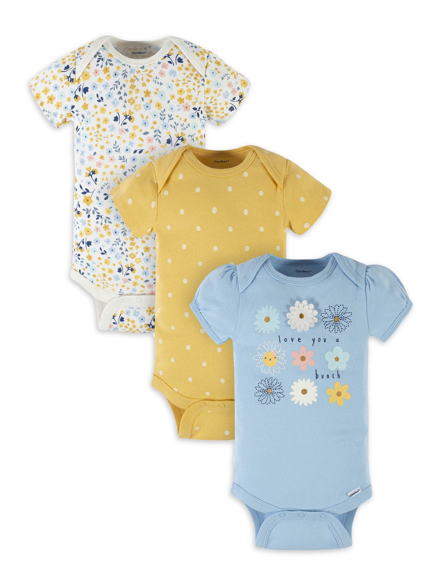 Gerber Baby Girl Short Sleeve Onesies Bodysuits, 3-Pack (Preemie - 12M)