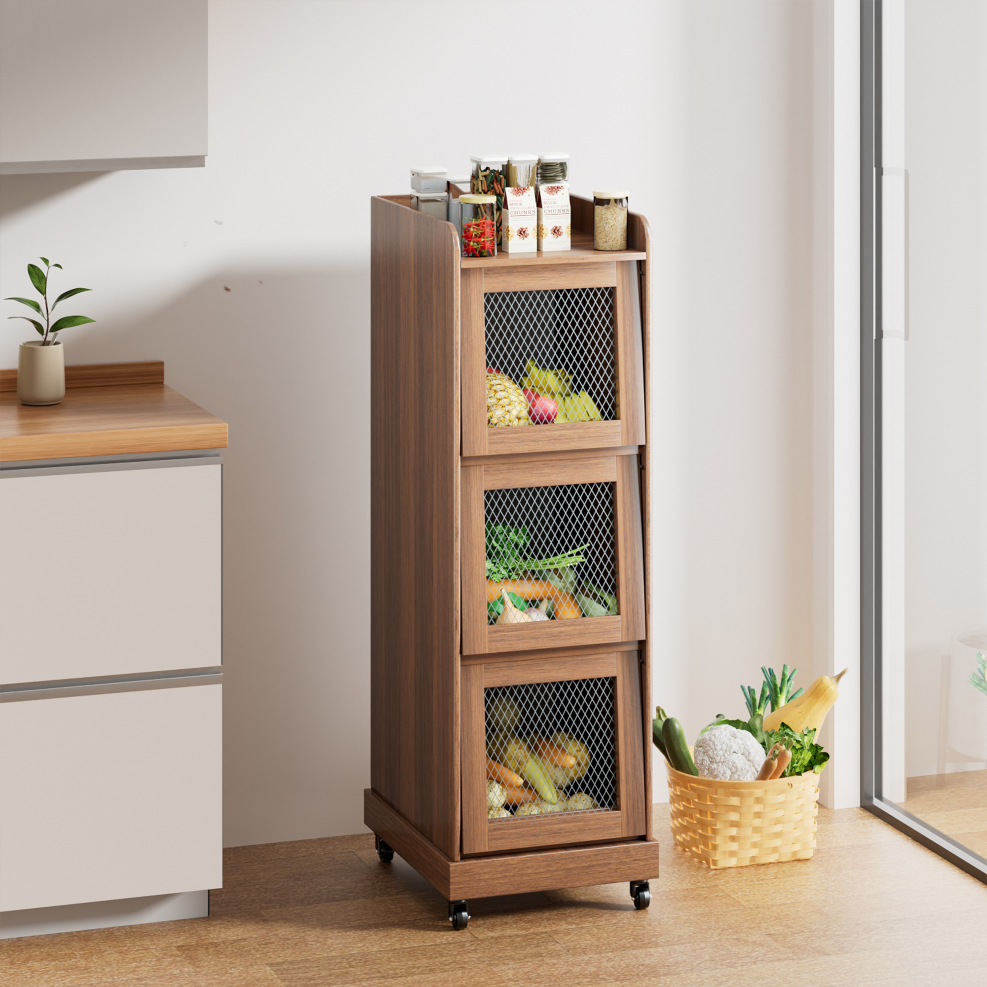 Food Small Kitchen Pantry Cabinet Wood Potato Storage Bins Farmhouse modern Fruit and Vegetable Box with Wheels for Kitchen Dining Room Living Room