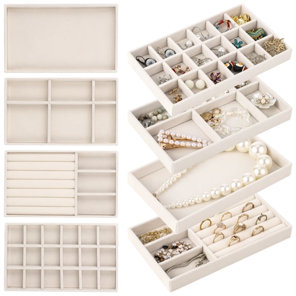 4PCS Jewelry Drawer Organizers, Velvet Jewelry Tray for Drawer, Multiple Compartment Layouts, Detachable Divider, Stackable Trays for Rings, Earrings, Bracelets, Necklaces