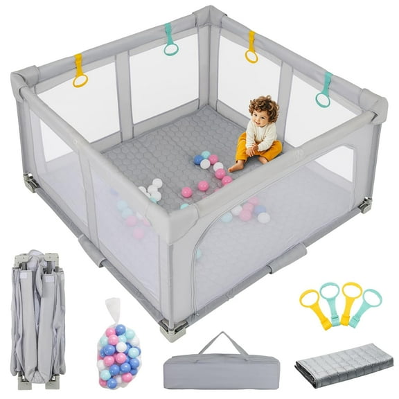 OLAKIDS Parc Pliable pour Bébé avec Tapis, Grand Terrain de Jeu de 127 x 127 cm pour Nourrissons, avec 50 Balles de Plage, 4 Poignées, Sac de Transport, Barrière de Sécurité pour l'Intérieur et l'Extérieur.