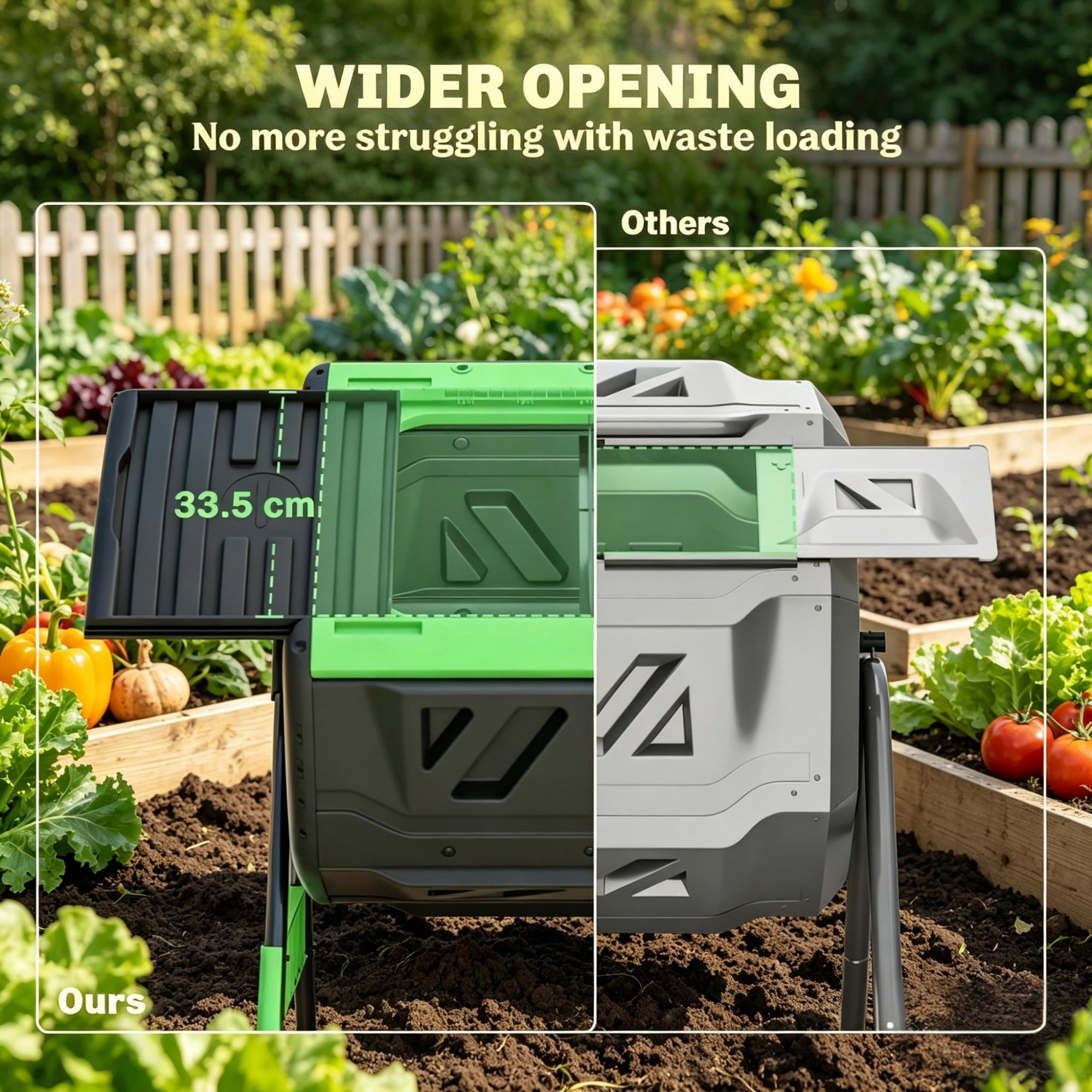 Dual Chamber Rotating Compost Tumbler with Elevated Metal Base, 360° Rotatable BPA-Free Compost Bin with Adjustable Vents for Backyard Garden
