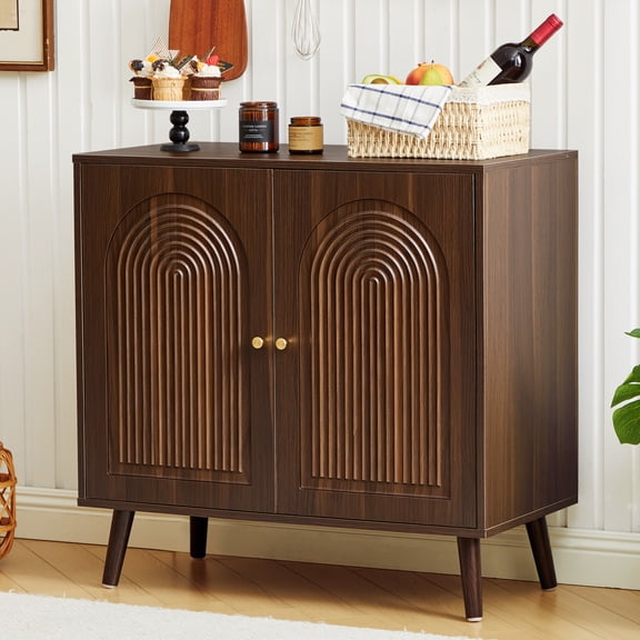 Modern Accent Buffet Cabinet with Fluted Texture, Golden Metal Handles & Adjustable Shelves, Sturdy MDF Construction for Living Room Dining Room Office, Smoky