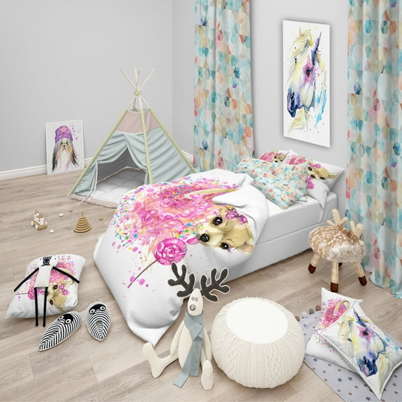Designart 'Sweet Pink Dog Without Glasses' Modern & Contemporary Duvet Cover Set