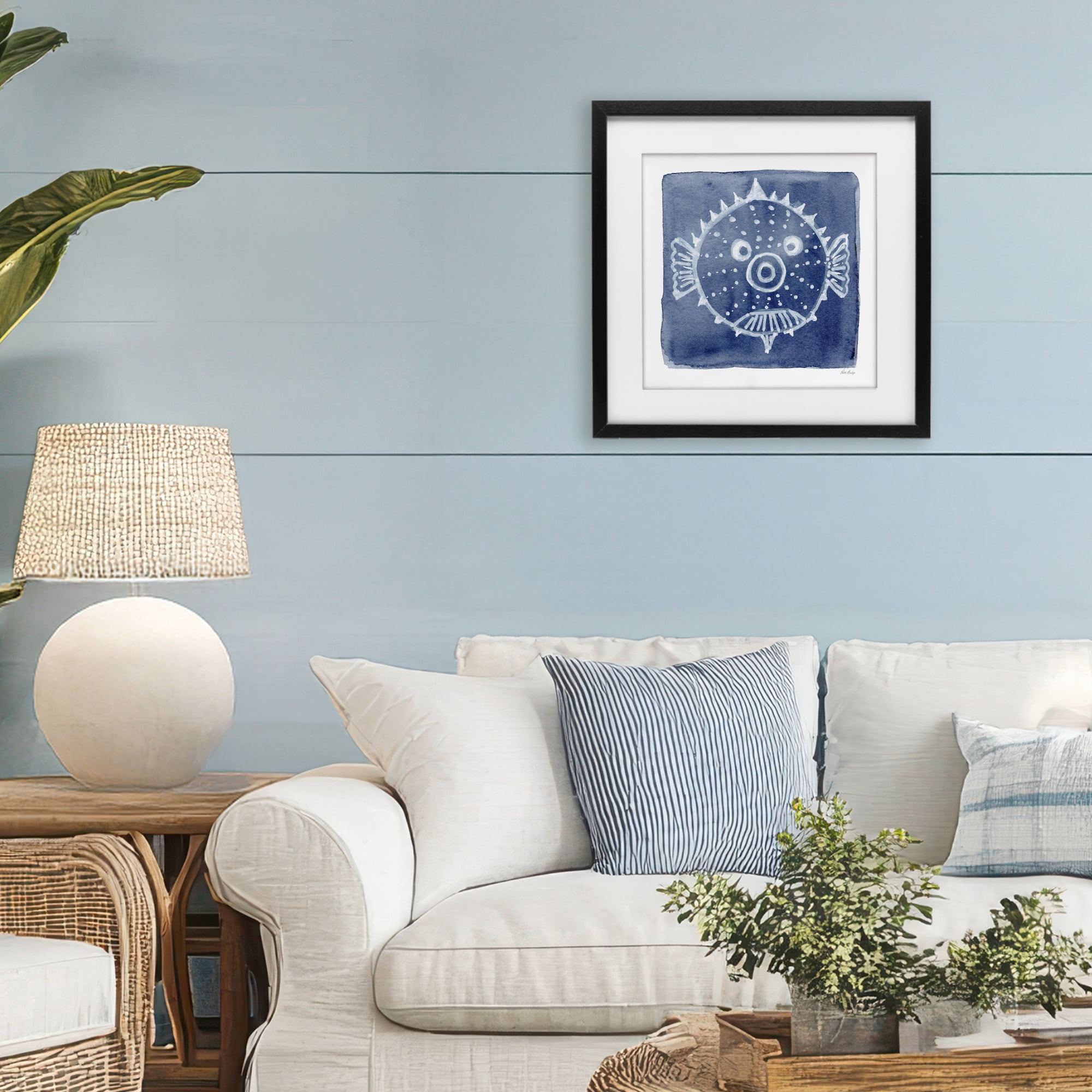 Stupell Industries White Blow Fish on Indigo Black Framed Print Under Glass, design by Patti Bishop