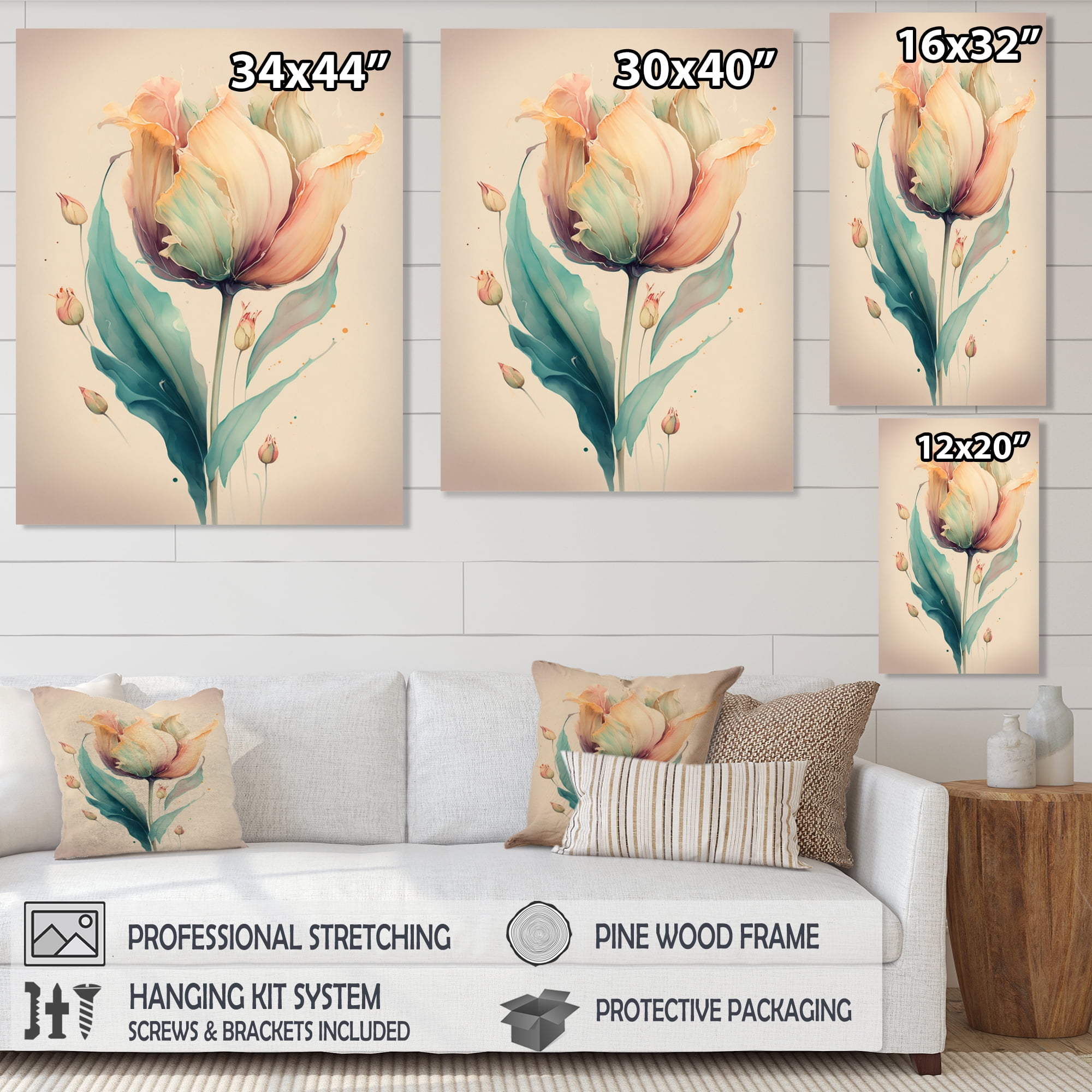 Designart Soft Tone Tulip Canvas Wall Art