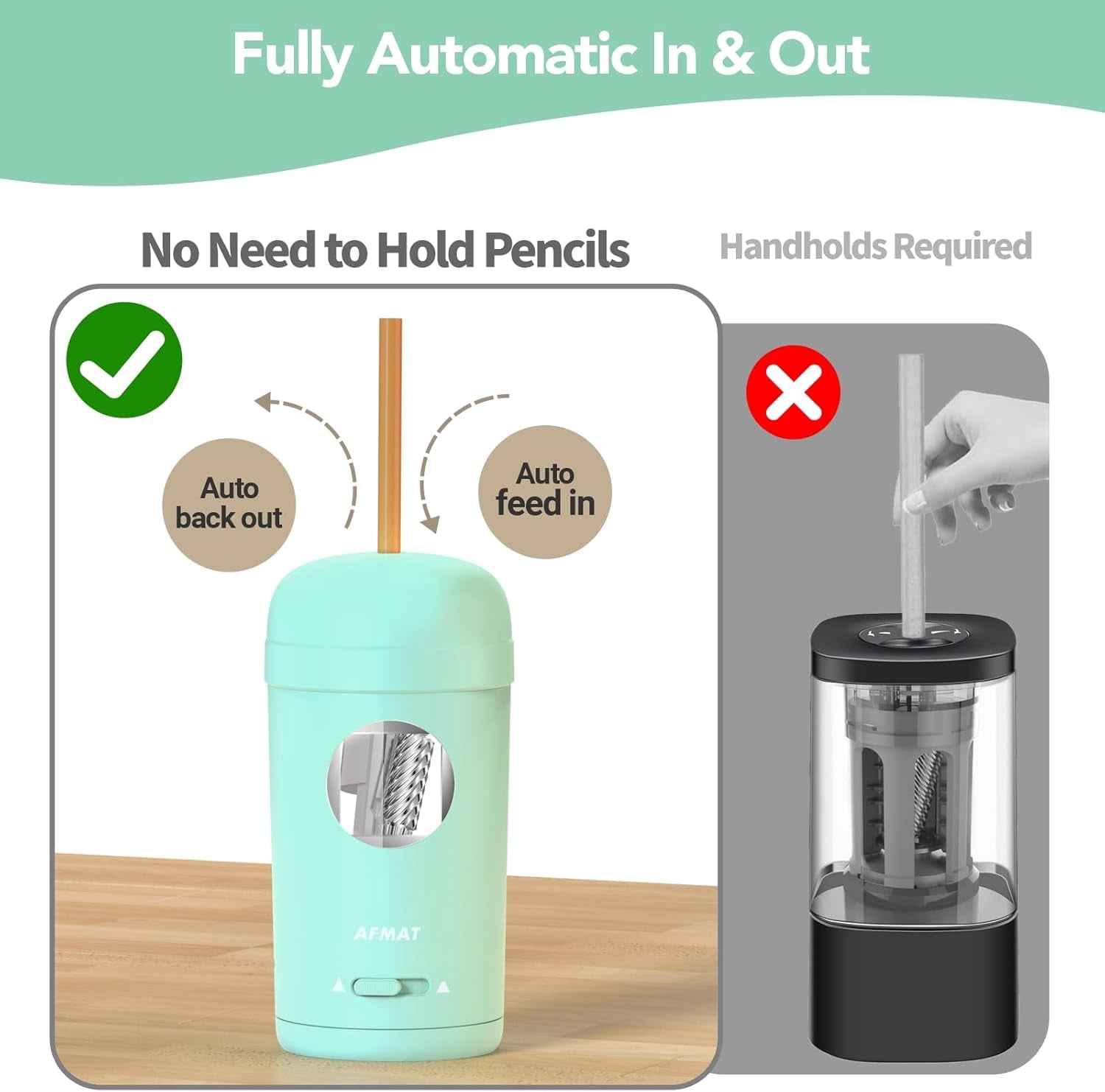 AFMAT Electric Pencil Sharpener, Fully Automatic Pencil Sharpener for 7-8mm Pencils & Colored Pencil, Auto in & Out, Rechargeable Vertical Hands-Free Sharpeners for Classroom/Home/Office,Green