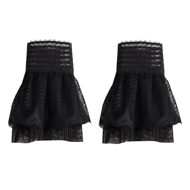 Suéter con mangas acampanadas falsas para mujer y niña, 2 piezas/par, con encaje plisado y puños fruncidos Negro