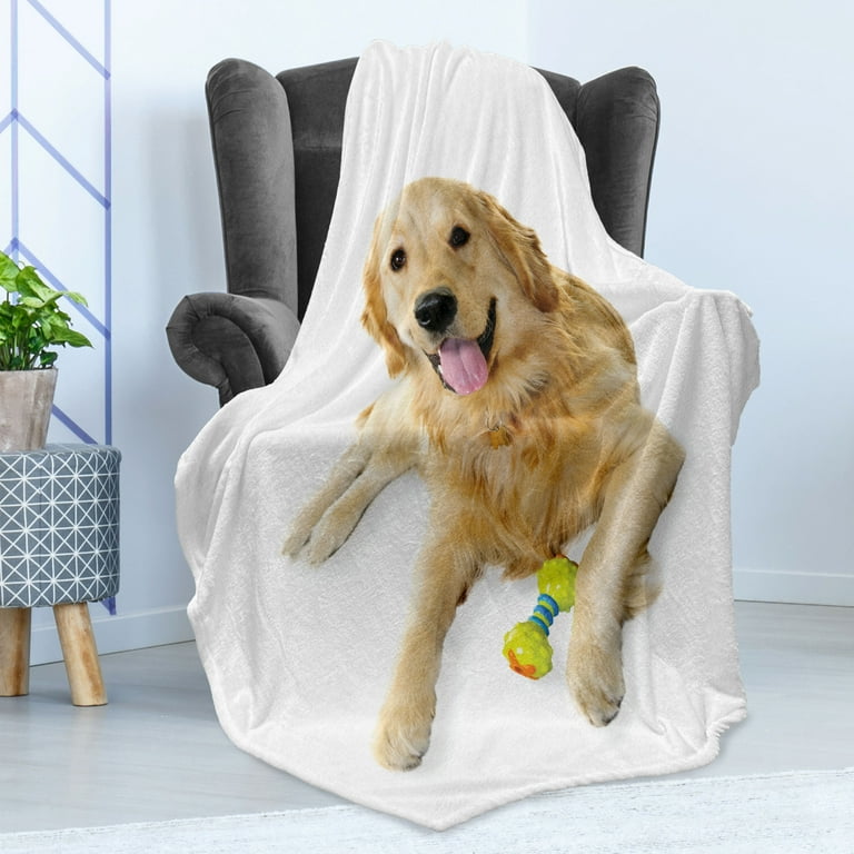 Golden Retriever Soft Flannel Fleece Throw Blanket Pet Dog Laying down with Toy Friendly Domestic Puppy Playful Companion Cozy Plush for Indoor and Outdoor Use 70 x 90