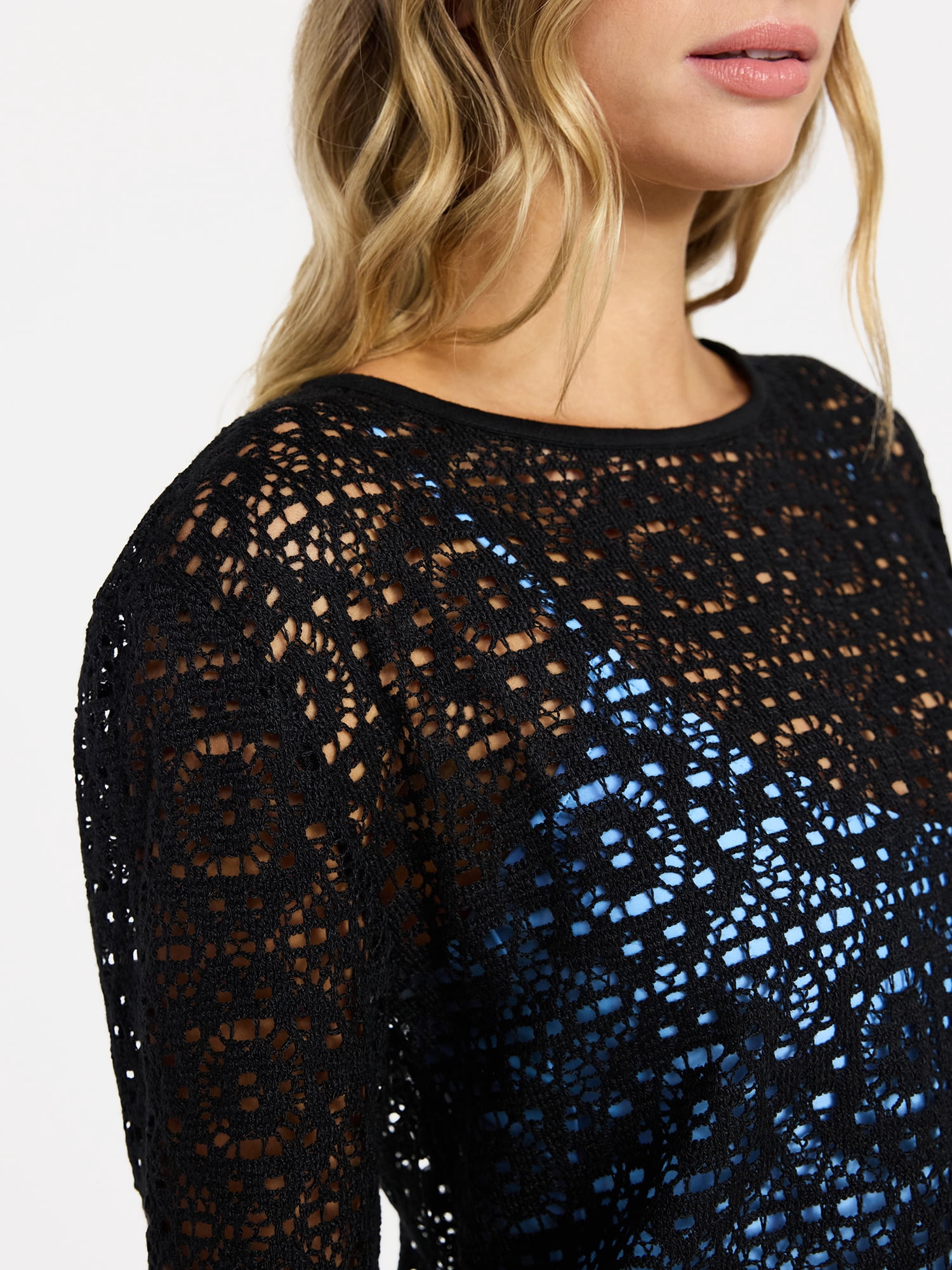 No Boundaries Crochet Coverup Top with Long Sleeves, Women's XXS-XXL