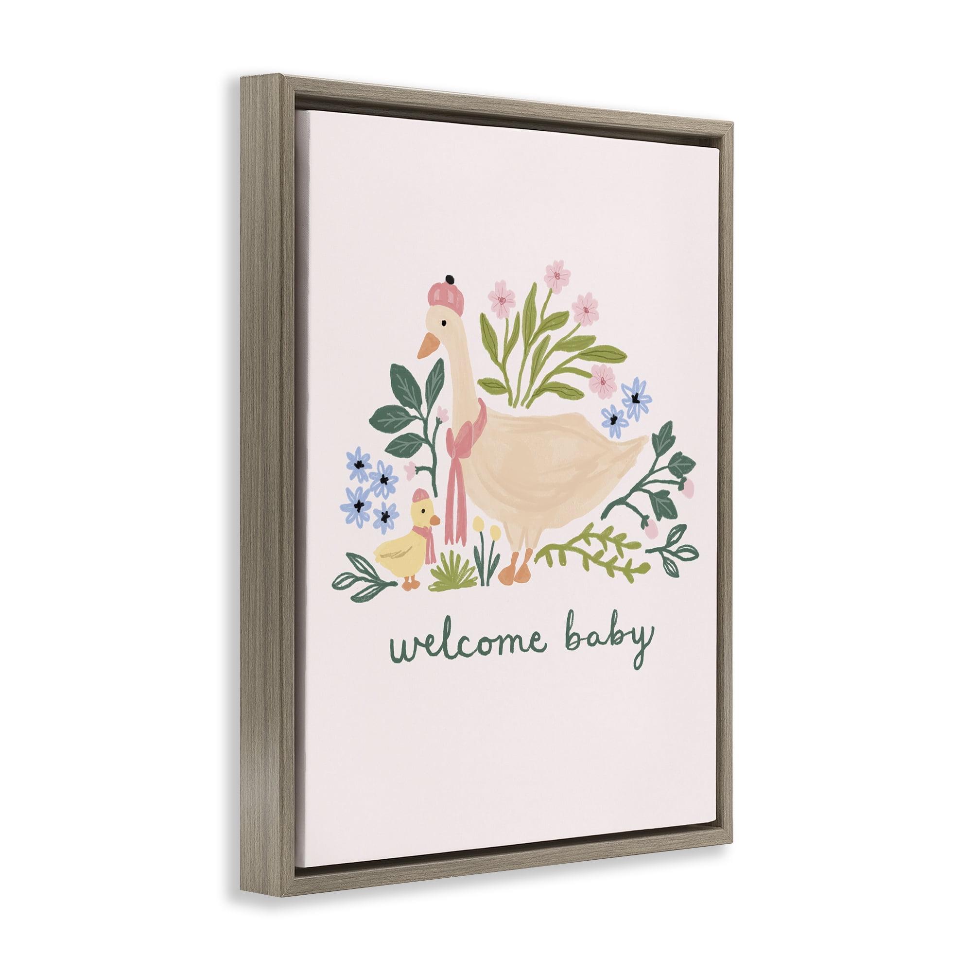 Stupell Industries Welcome Baby Floral Duck Animals Painting Brown Floater Framed Canvas Art Print Wall Art, 25 x 31