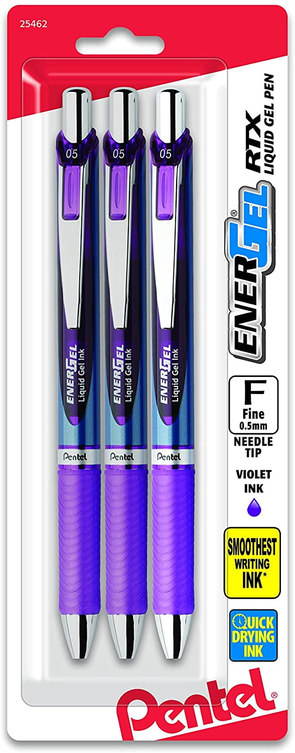 Pentel EnerGel RTX Retractable Liquid Gel Pen (0.5mm) Needle Tip, Fine Line, Violet Ink 3Pk