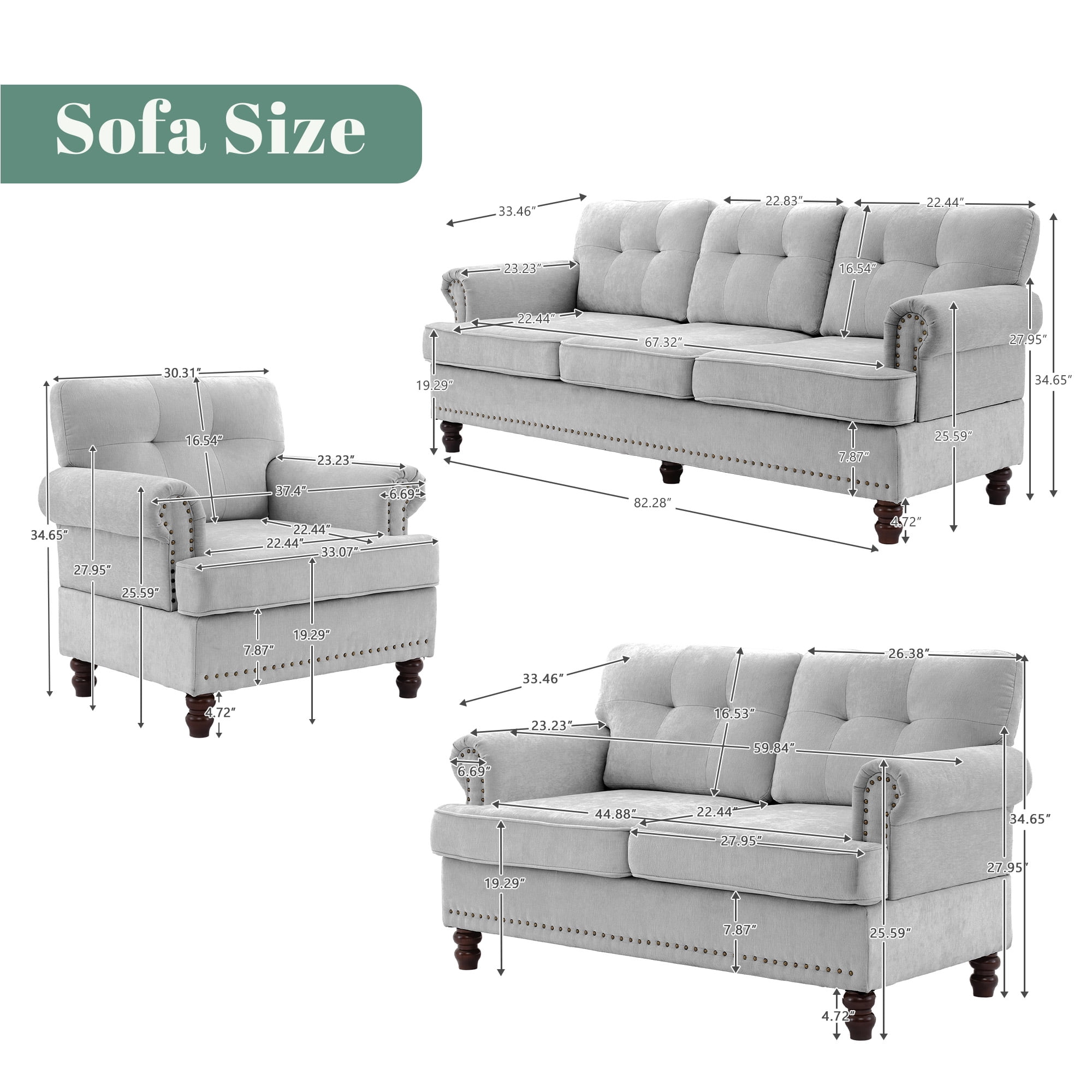 JUSTLET 3 Piece Living Room Sofa Set, Chenille Upholstered Sectional Sofa Couch with Nailhead Trim, Including 3-Seater Sofa, Loveseat and Single Sofa Chair for Apartment Living Room, Light Gray